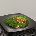 Green Moss Growing On Black Square Plate With Decorative Stone In Minimalist Setting
