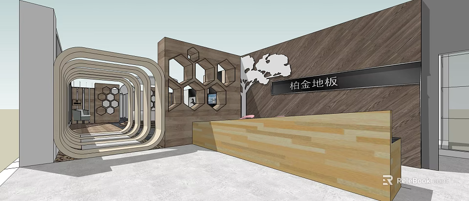 Baijin Flooring Store Modern Interior With Wooden Reception Counter Hexagonal Decor And Tree Design 3d model 