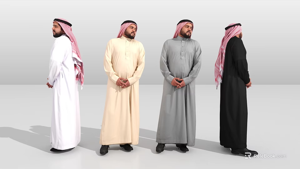 Men Wearing Traditional Robes And Keffiyeh In White Beige Gray And Black 3d model 