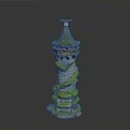 Medieval Stone Tower Structure With Green Conical Roof Ivy Vines And Balcony