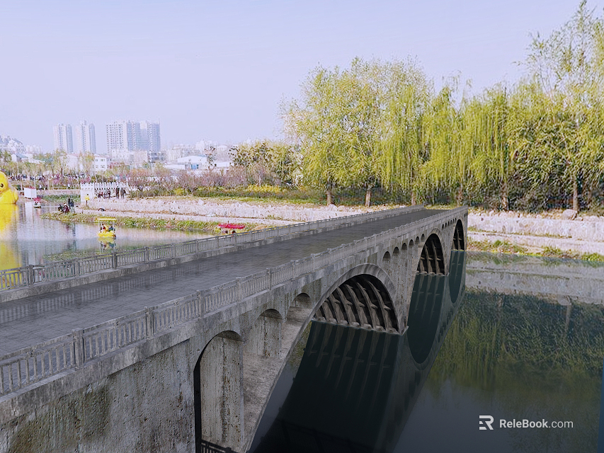 Stone Arch Bridge Over River With Weeping Willows Reflection And City Buildings 3d model 