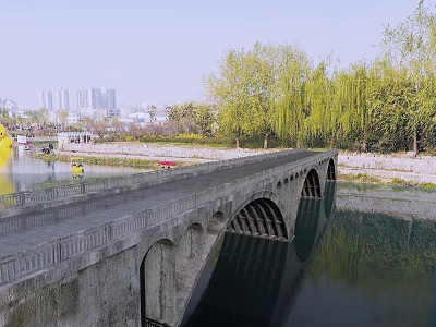 Stone Arch Bridge Over River With Weeping Willows Reflection And City Buildings 3d model
