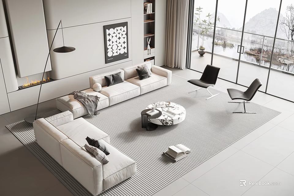 Modern Living Room White Sofa Round Coffee Table Set With Striped Rug And Mountain View 3d model 
