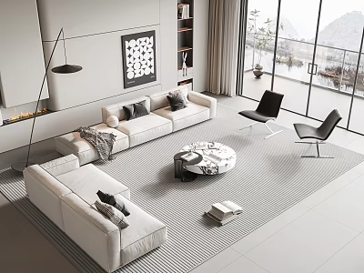 Modern Living Room White Sofa Round Coffee Table Set With Striped Rug And Mountain View 3d model