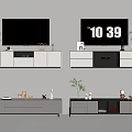 Modern TV Stand With Drawers Storage White Gray Decorative Items And Wall Mounted TV
