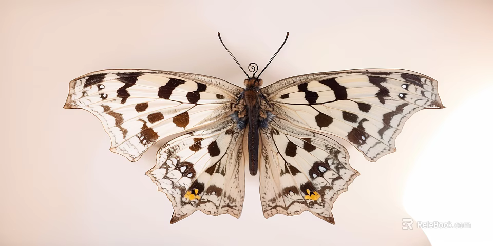 Black and White Butterfly With Brown Spots on Serrated Wings Against White Background 3d model 
