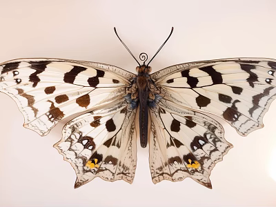 Black and White Butterfly With Brown Spots on Serrated Wings Against White Background 3d model