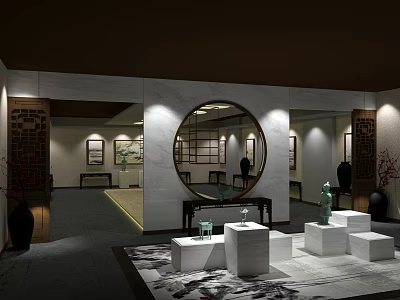 Traditional Chinese Interior Space With Round Mirror Display Platforms And Decorative Artworks 3d model