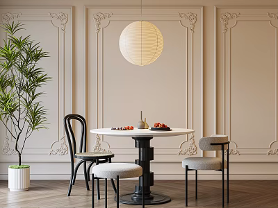 Elegant Dining Table Set With Black Chairs Stool And Lantern Light Near Decorative Wall Panels 3d model