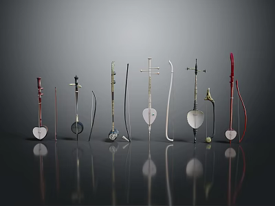 Traditional String Instruments Various Shapes Designs Arranged Black Background With Reflections 3d model