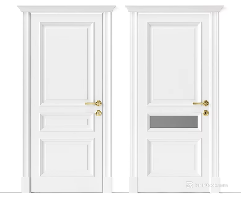 White Swing Doors With Golden Handles One Solid Panel And One Glass Panel 3d model