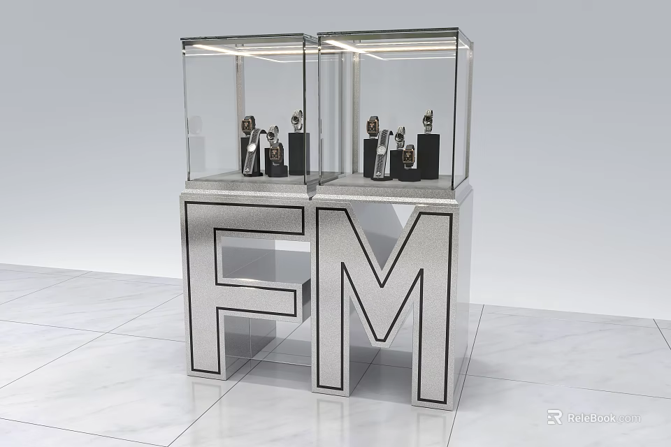 Showcase Shelves with Modern Letter Shaped Metal Base and Glass Cover for Displaying Accessories 3d model 