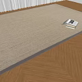 Beige Woven Square Rug On Herringbone Wooden Floor With Books On Top