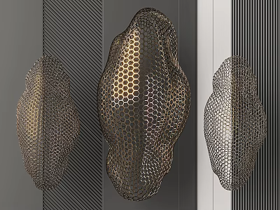 Metallic Mesh Wall Decor With Irregular Shapes And Gold Silver Tones On Striped Background 3d model