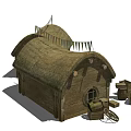 Traditional Rustic European style Architecture With Thatched Roof Wooden Structure And Banners