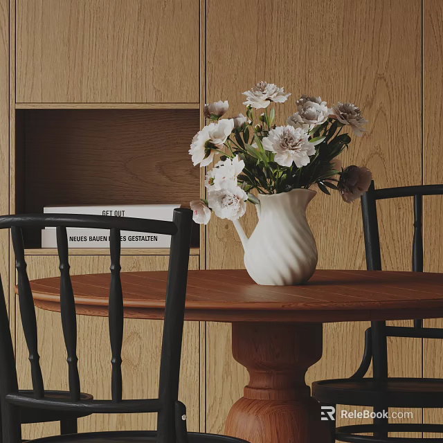 Wooden Desk With White Vase Light Pink Flowers Black Chairs And Books On Cabinet 3d model 