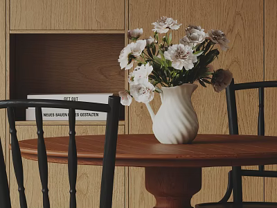 Wooden Desk With White Vase Light Pink Flowers Black Chairs And Books On Cabinet 3d model
