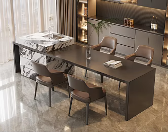 Modern Italian-style Nakajima Dining Table and Chair Marble Dining Table and Chair Four-person Dining Table and Chair Leather Dining Chair Cabinet Wine Cabinet Sideboard Vase Ornaments 3d model