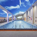 Indoor Swimming Pool With Loungers Ocean Themed Decor And Sky Ceiling