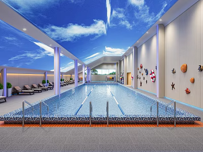 Indoor Swimming Pool With Loungers Ocean Themed Decor And Sky Ceiling 3d model