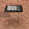 Stylish Entertainment Table with Black Marble Top Chessboard Pieces Gold Metal Legs on Herringbone Floor