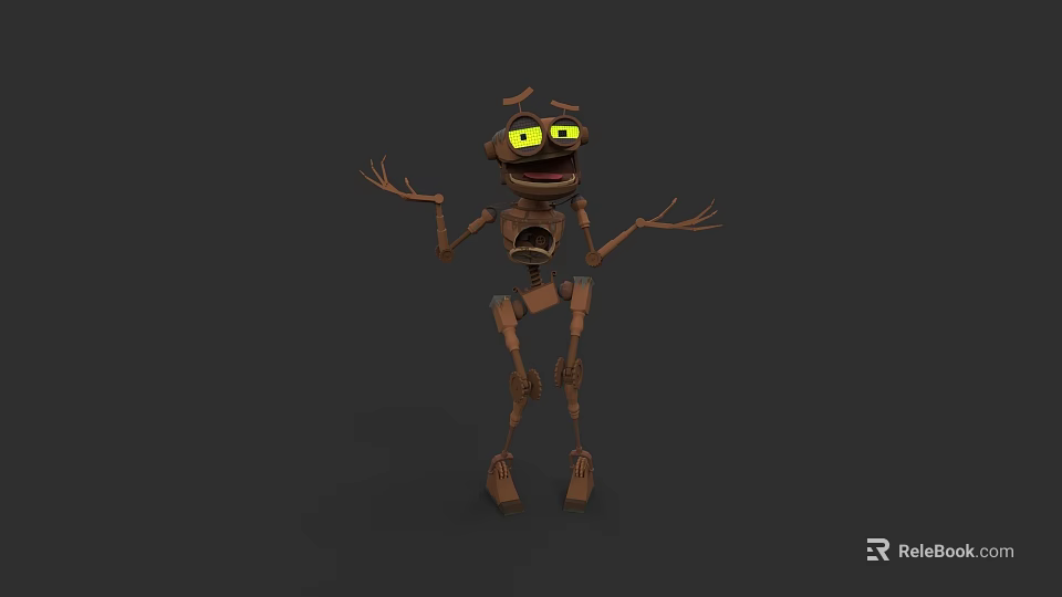 Brown Skeleton Like Animated Game Character With Big Yellow Eyes And Open Arms 3d model 