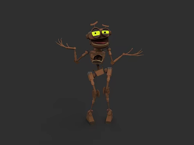 Brown Skeleton Like Animated Game Character With Big Yellow Eyes And Open Arms 3d model