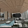 Modern Hotel Public Lounge With Wooden Ceiling Comfortable Seating Water Features And Natural Light