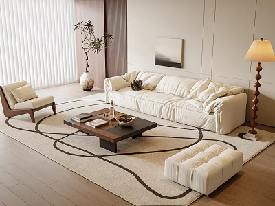 Modern White Sofa and Wooden Coffee Table Set With Patterned Rug Floor Lamp and Footstool 3d model
