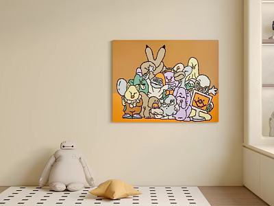 Colorful Cartoon Animal Painting With Various Animals On Orange Background For Kids Room 3d model