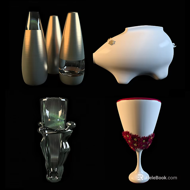 Stylish Decorative Ornament Set With Metallic Vases White Piggy Bank Transparent Glassware And Red Goblet 3d model 