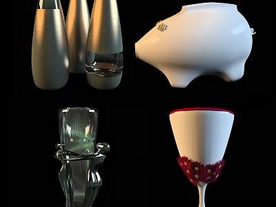 Stylish Decorative Ornament Set With Metallic Vases White Piggy Bank Transparent Glassware And Red Goblet 3d model