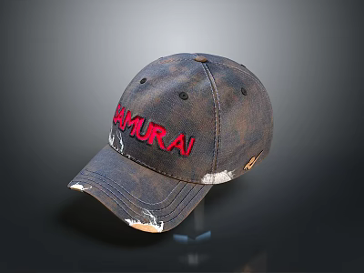 Blue Distressed Samurai Baseball Cap With Red Letters And Frayed Edges 3d model