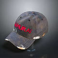 Blue Distressed Samurai Baseball Cap With Red Letters And Frayed Edges