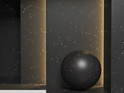 Black Marble Sphere With Black Marble Walls And Golden Lines Decoration 3d model