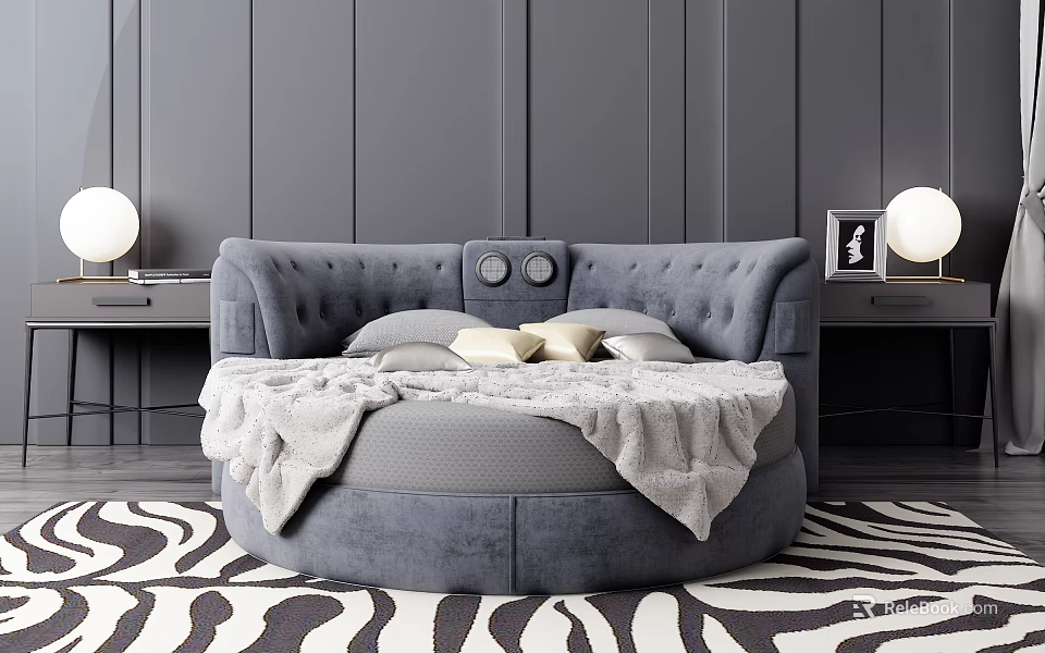 Gray Round Double Bed Upholstered Headboard Pillows Throw Blanket Nightstands Lamps Wall Art Zebra Rug 3d model 