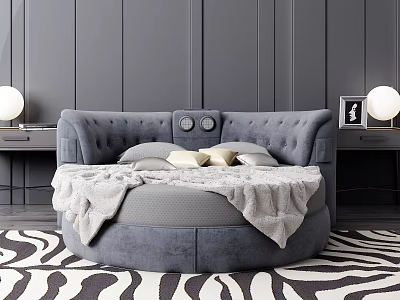 Gray Round Double Bed Upholstered Headboard Pillows Throw Blanket Nightstands Lamps Wall Art Zebra Rug 3d model