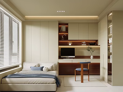 Modern Tatami Bedroom Interior With Window Blinds Built In Cabinets And Wooden Desk Chair 3d model