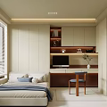 Modern Tatami Bedroom Interior With Window Blinds Built In Cabinets And Wooden Desk Chair