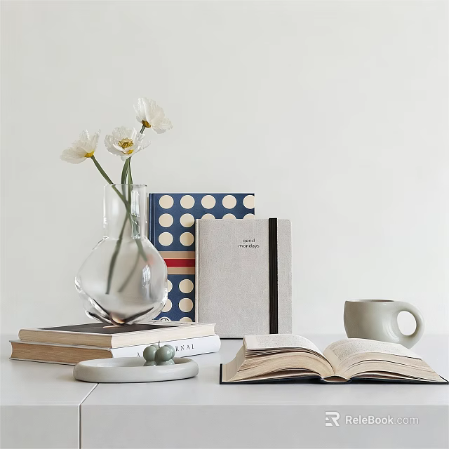 Decorative Ornament Set With Glass Vase White Flowers Stacked Books Notebook And Ceramic Mug 3d model 