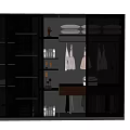 Modern Black Glass Door Wardrobe With Organized Hanging Folded Clothes And Storage Shelves