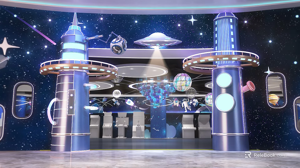 Space Theme Scene With Blue Silver Tower Structures Stars UFO Astronaut And Starry Background 3d model 