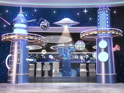 Space Theme Scene With Blue Silver Tower Structures Stars UFO Astronaut And Starry Background 3d model