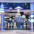 Space Theme Scene With Blue Silver Tower Structures Stars UFO Astronaut And Starry Background