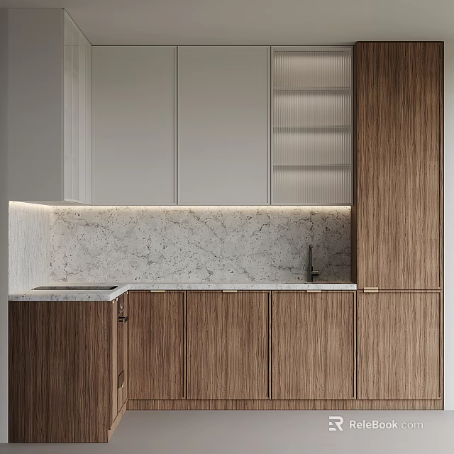 Modern Kitchen With Wooden Cabinets White Countertop Marble Backsplash And Glass Door Shelves 3d model 
