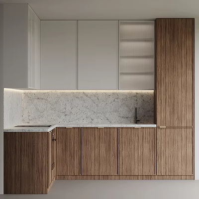 Modern Kitchen With Wooden Cabinets White Countertop Marble Backsplash And Glass Door Shelves 3d model