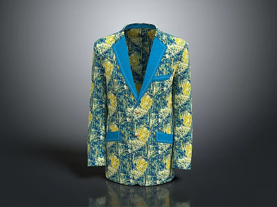 Stylish Blue And Yellow Floral Pattern Blazer With Contrast Trim Design 3d model