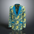 Stylish Blue And Yellow Floral Pattern Blazer With Contrast Trim Design