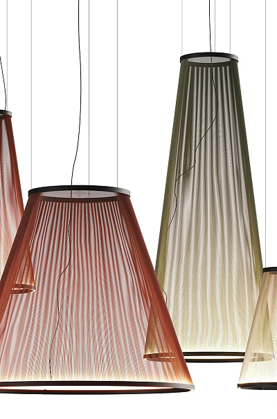 Striped Chandeliers in Red Green and Beige Hanging in Modern Interior 3d model
