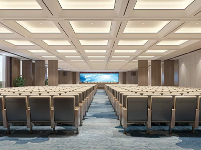 Modern Conference Room With Rows Of Seats Large Screen Ceiling Lights And Wooden Walls 3d model